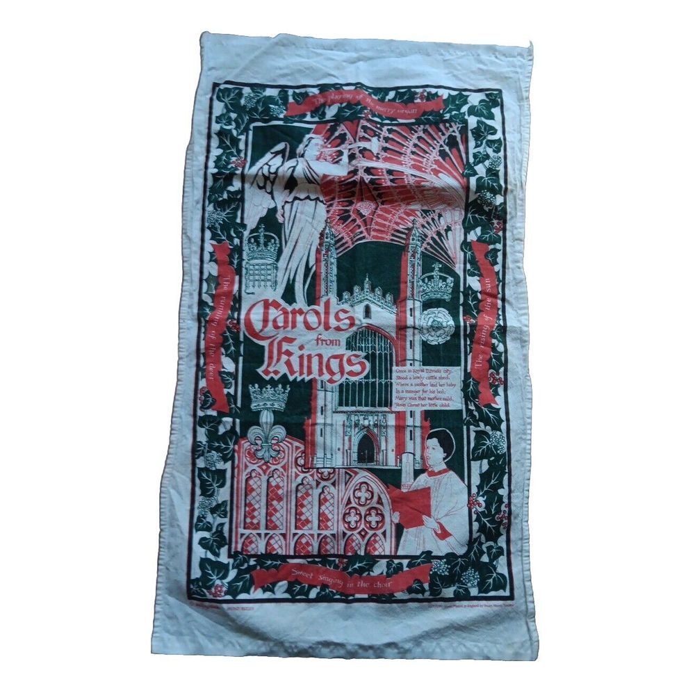Vtg‎ Carols From Kings Christmas Dish Tea Towel 30"X 18" Cotton Hand Printed